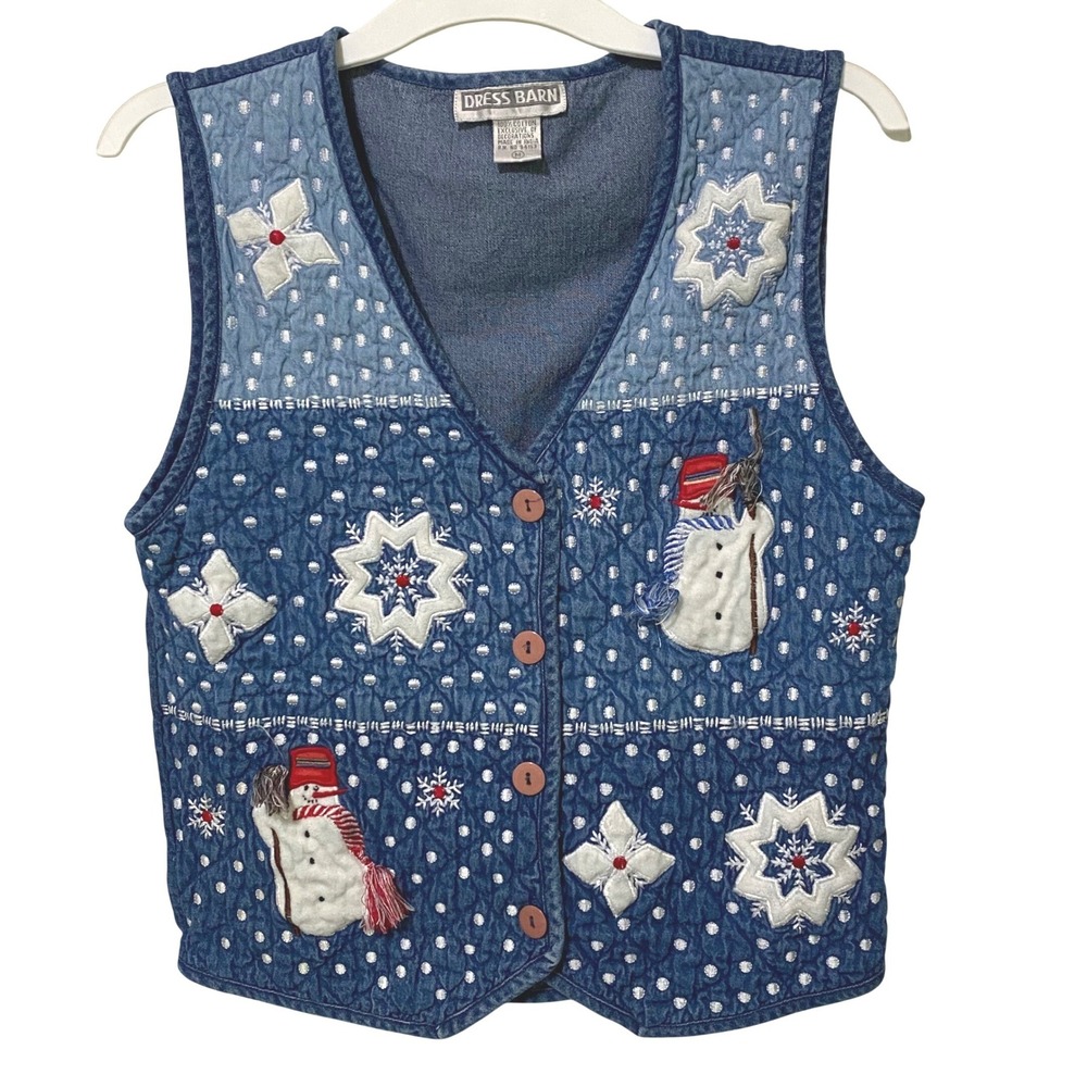 Vtg 90s Denim Christmas Vest M Tie Back Snowman Snowflake‎ Kitschy Y2K Farmcore